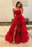 A-Line Strapless Tulle Long Prom Dress with Tiered Ruffles HZ1023