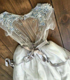 Blue backless exquisite beaded A-line long elegant ball gown formal evening gown wedding dress HZ1023