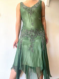 Green Vintage Elegant Delicate Floral Applique Beaded Long tulle Chiffon Prom Gown Evening Dress Party Dress HZ1023