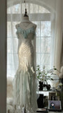 White Mint Green Romantic Fashion Elegant Delicate Beaded Lace Spaghetti Straps Long Tulle Chiffon Ruffle Ball Gown Evening Gown Party Dress HZ1023