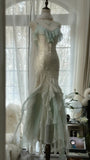 White Mint Green Romantic Fashion Elegant Delicate Beaded Lace Spaghetti Straps Long Tulle Chiffon Ruffle Ball Gown Evening Gown Party Dress HZ1023