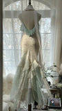 White Mint Green Romantic Fashion Elegant Delicate Beaded Lace Spaghetti Straps Long Tulle Chiffon Ruffle Ball Gown Evening Gown Party Dress HZ1023
