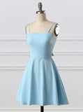 Blue fashion simple bow sleeveless short spaghetti strap A-line short satin mini homecoming dress evening gown HZ1023