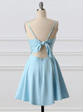 Blue fashion simple bow sleeveless short spaghetti strap A-line short satin mini homecoming dress evening gown HZ1023