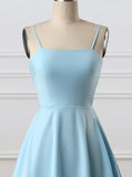 Blue fashion simple bow sleeveless short spaghetti strap A-line short satin mini homecoming dress evening gown HZ1023