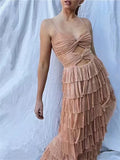 Nude elegant spaghetti strap long tulle tiered ball gown formal evening dress party dress HZ1023