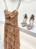 Nude elegant spaghetti strap long tulle tiered ball gown formal evening dress party dress HZ1023