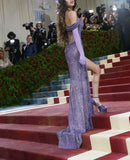 Purple Gorgeous Shiny Elegant Fashion Sequin Spaghetti Strap Long Sexy Side Slit Prom Dress Evening Dress Party Dress HZ1023