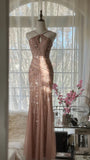 Rose pink luxury gorgeous elegant romantic exquisite beaded long chiffon ball gown evening dress party dress prom dress Valentine's Day date dress HZ1023