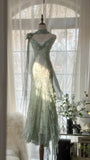 Mint Green Romantic Fashion Elegant Exquisite Beading Spaghetti Straps Long Tulle Chiffon Ruffle Ball Gown Evening Dress Party Dress HZ1023