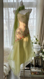 Green Elegant Romantic Delicate Floral Beading Spaghetti Strap Long Chiffon Homecoming Ball Gown Evening Dress Birthday/Wedding Guest/Holiday Party Dress Prom Dress HZ1023