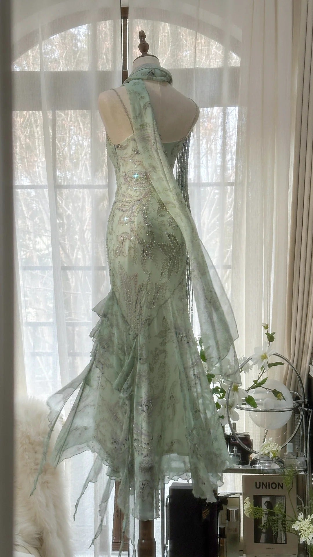 Mint Green Gorgeous Exquisite Beaded Long Chiffon Fairy Ball Gown Evening Dress Wedding Party Dress Prom Dress Graduation Date Dress HZ1023