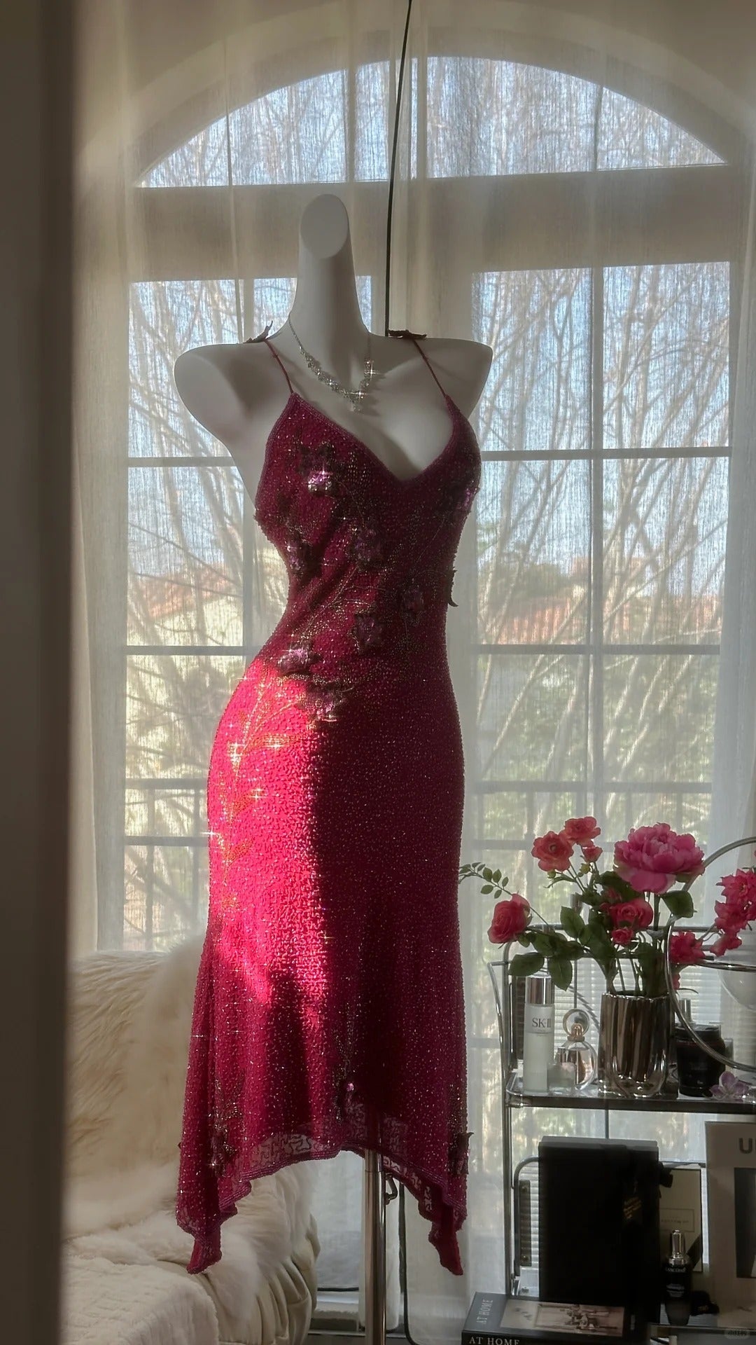 Pink Gorgeous Elegant Romantic Exquisite Beaded Sequin Midi/Short Chiffon Ball Gown Evening Dress Birthday/Wedding Guest Party Dress Prom Dress HZ1023