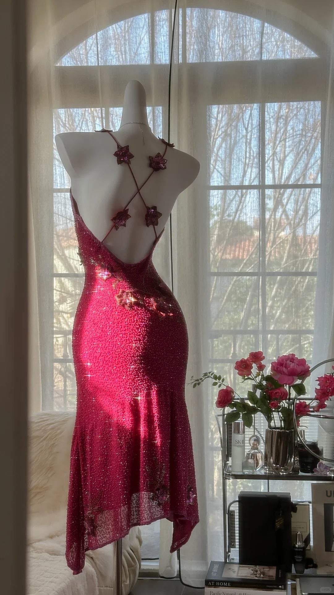 Pink Gorgeous Elegant Romantic Exquisite Beaded Sequin Midi/Short Chiffon Ball Gown Evening Dress Birthday/Wedding Guest Party Dress Prom Dress HZ1023