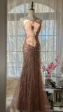 Rose pink luxury gorgeous elegant romantic exquisite beaded long chiffon ball gown evening dress party dress prom dress Valentine's Day date dress HZ1023