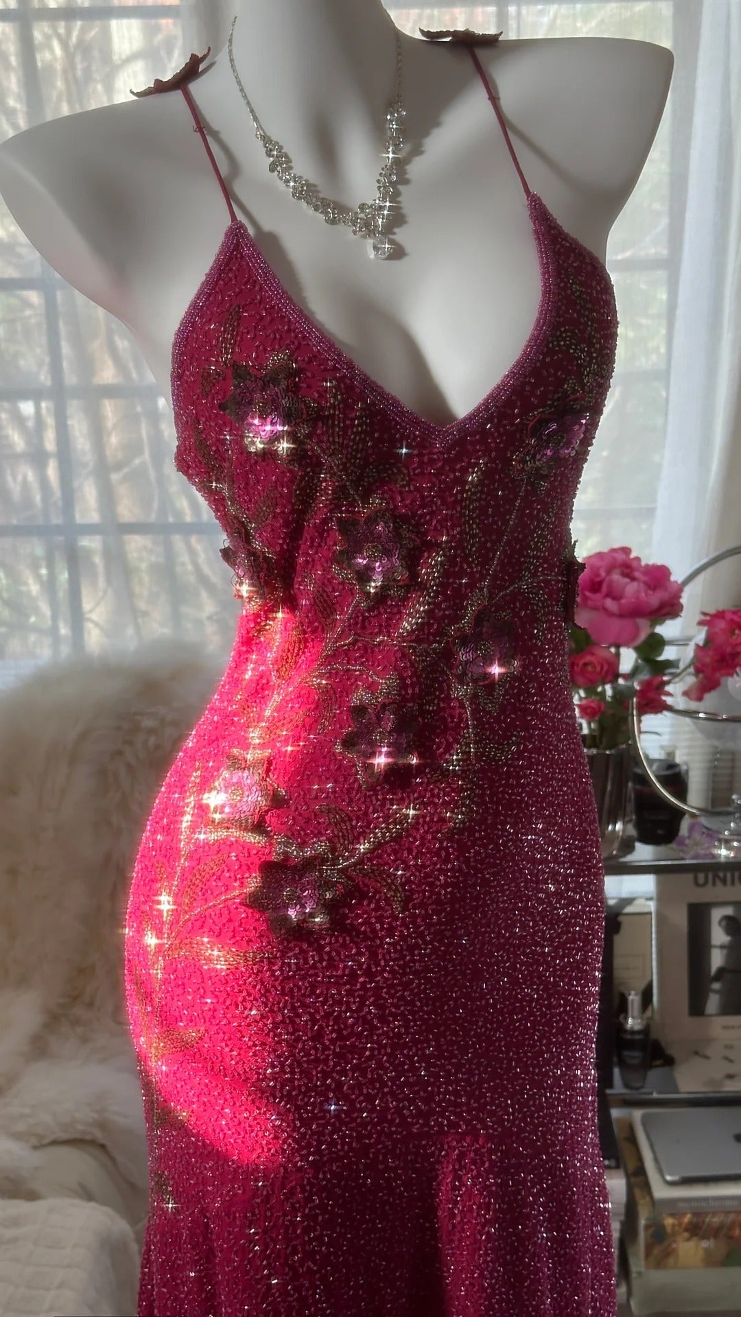 Pink Gorgeous Elegant Romantic Exquisite Beaded Sequin Midi/Short Chiffon Ball Gown Evening Dress Birthday/Wedding Guest Party Dress Prom Dress HZ1023