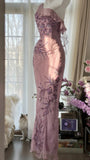 Pink Purple Romantic One Shoulder Fashion Elegant Exquisite Floral Beading Long Chiffon Ball Gown Evening Dress Birthday Holiday Party Dress Prom Dress HZ1023
