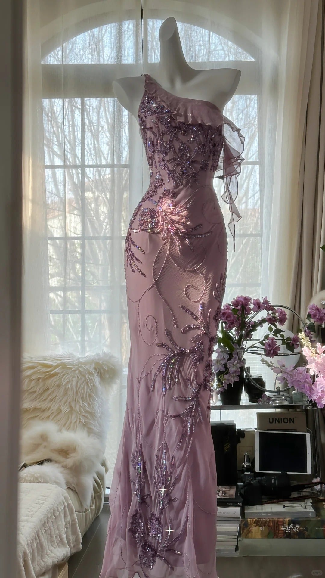 Pink Purple Romantic One Shoulder Fashion Elegant Exquisite Floral Beading Long Chiffon Ball Gown Evening Dress Birthday Holiday Party Dress Prom Dress HZ1023