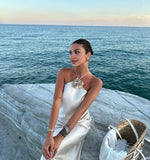 White slim strap mermaid long satin evening gown ball gown prom dress HZ1023