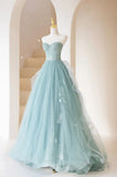Green Lace Tulle A-Line Long Formal Dress, Green Strapless Evening Dress HZ1023