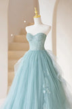 Green Lace Tulle A-Line Long Formal Dress, Green Strapless Evening Dress HZ1023