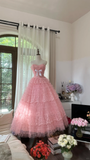 Pink sweet fashion elegant exquisite lace bow long tulle lace princess ball gown evening dress birthday dress adult ceremony dress HZ1023