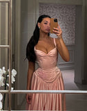 Pink retro elegant sweetheart neckline A-line spaghetti strap satin long evening dress birthday party dress bridesmaid dress HZ1023
