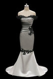 Ivory Elegant Exquisite Black Lace Applique Tulle Long Floor Length Train Satin Mermaid Ball Gown Wedding Dress HZ1023