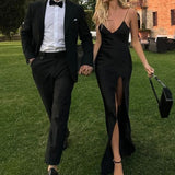 Black Fashion Elegant Long Satin Slit Sexy Ball Gown Evening Dress Wedding Guest Party Dress HZ1023