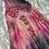 Pink Gradient Gorgeous Lightweight Exquisite Beaded Spaghetti Strap Long Chiffon Ball Gown Evening Gown Party Dress HZ1023
