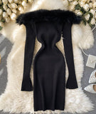 Black/white/gray autumn and winter fashion new sexy off-shoulder fashion fur collar slim hip knitted dress HZ1023