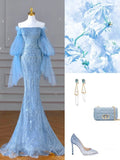Blue luxurious gorgeous shiny exquisite beads elegant long sequined tulle long sleeve mermaid slim ball gown evening dress HZ1023