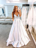 Simple V Neck Silver Satin Long Prom Dresses, V Neck Silver Formal Dress, Open Back Silver Evening Dress HZ1023