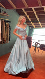 Blue elegant simple off-shoulder tulle long ball gown evening dress HZ1023