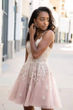Pink A-line V-neck short lace prom dress formal homecoming dress party dress HZ1023