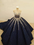 Navy blue gorgeous shiny sequins stylish unique long prom dress evening gown HZ1023