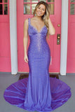 Rose Red V-neck Beading Mermaid Prom Dress with Side Slit HZ1023