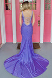 Rose Red V-neck Beading Mermaid Prom Dress with Side Slit HZ1023