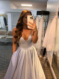 Simple V Neck Silver Satin Long Prom Dresses, V Neck Silver Formal Dress, Open Back Silver Evening Dress HZ1023