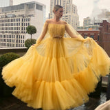 Yellow pretty fairy elegant exquisite beading A-line long sleeve long tulle ball gown evening dress HZ1023