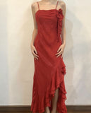 Red fashion spaghetti strap ruffled long elegant tulle ball gown evening dress party dress HZ1023