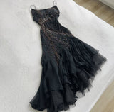 Black gorgeous fashion elegant exquisite beaded spaghetti straps long chiffon Ruffles women's vast universe prom dress evening dress holiday party dress HZ1023