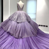 Purple Gorgeous Shiny Elegant A-line Long Tiered Ruffled Tulle Ball Gown Formal Dress Evening Dress Celebrity Dress HZ1023