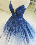 Blue Shiny Elegant V-Neck Applique Gradient Long Ball Gown Prom Dress Evening Dress Adult Ceremony Dress HZ1023