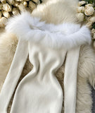 Black/white/gray autumn and winter fashion new sexy off-shoulder fashion fur collar slim hip knitted dress HZ1023