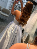 Simple V Neck Silver Satin Long Prom Dresses, V Neck Silver Formal Dress, Open Back Silver Evening Dress HZ1023