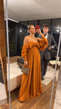Yellow Brown Elegant Solid Color Fashion Off Shoulder Chic Ruffle Long Evening Dress Party Dress Wedding Guest Dress HZ1023
