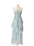 Blue halter back fashionable and elegant chiffon flowing ruffled long skirt HZ1023