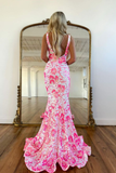 Pink V Neck Sequin Lace Mermaid Prom Dress HZ1023