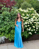 Blue Beaded Sequined Long Evening Gown Prom Dress Party Dress HZ1023